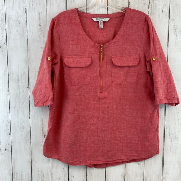 Ellen Tracy Red Linen 1/4 Zip Roll-Tab 1/2 Sleeve Scoop Neck Blouse Size Large - Picture 1 of 10